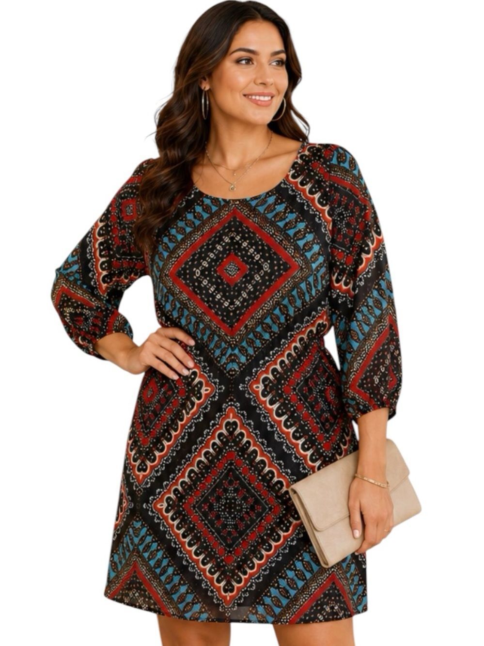 INC Boho Geometric Medallion Print 3/4 Sleeve Sheer Overlay Lightweight Dress XL